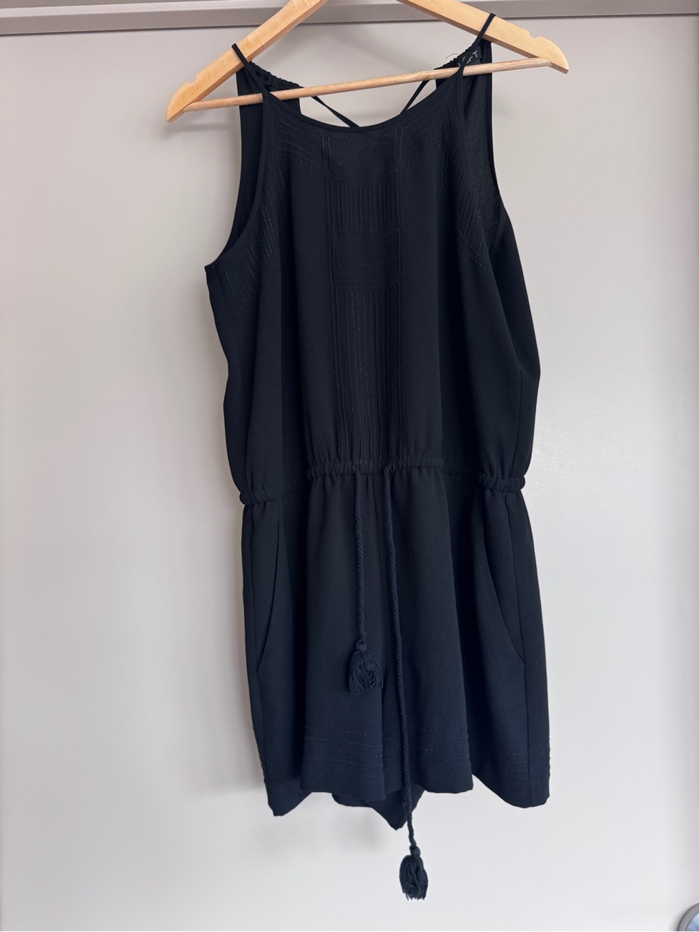 LOFT Black Sleeveless Romper with Tassel Tie